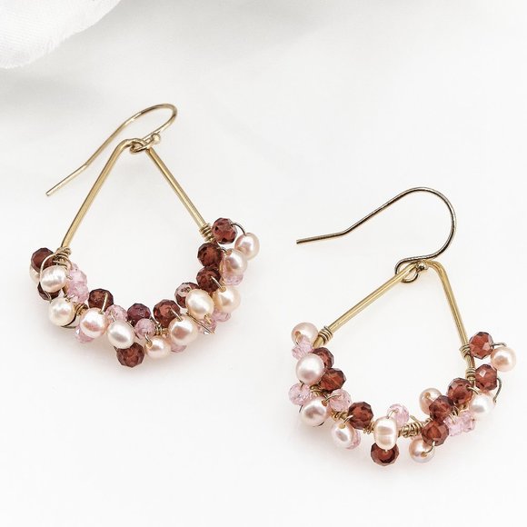 Tiny Pearl & Garnet Hoop Earrings, 14K Gold Filled Teardrop Hoops - Picture 8 of 11